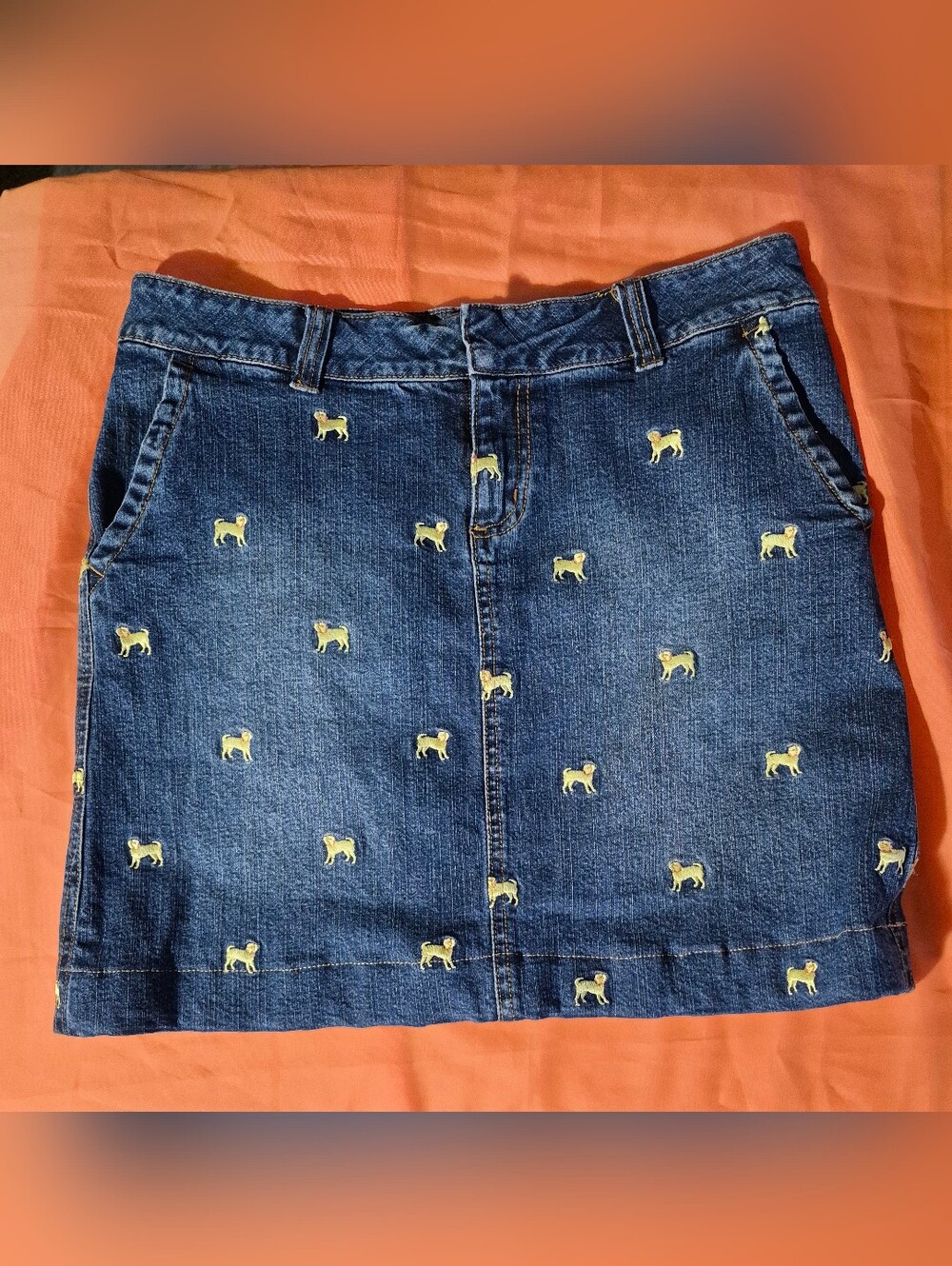 VINTAGE Lilly Pulitizer Denim Skirt with Yellow Dog Embroidery
